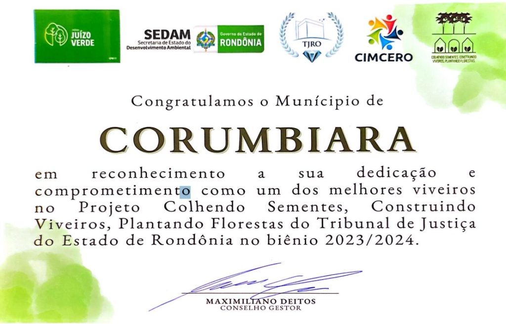Certificado-Semam-1024x656 Viveiro Municipal de Corumbiara é premiado por excelência em Preservação Ambiental